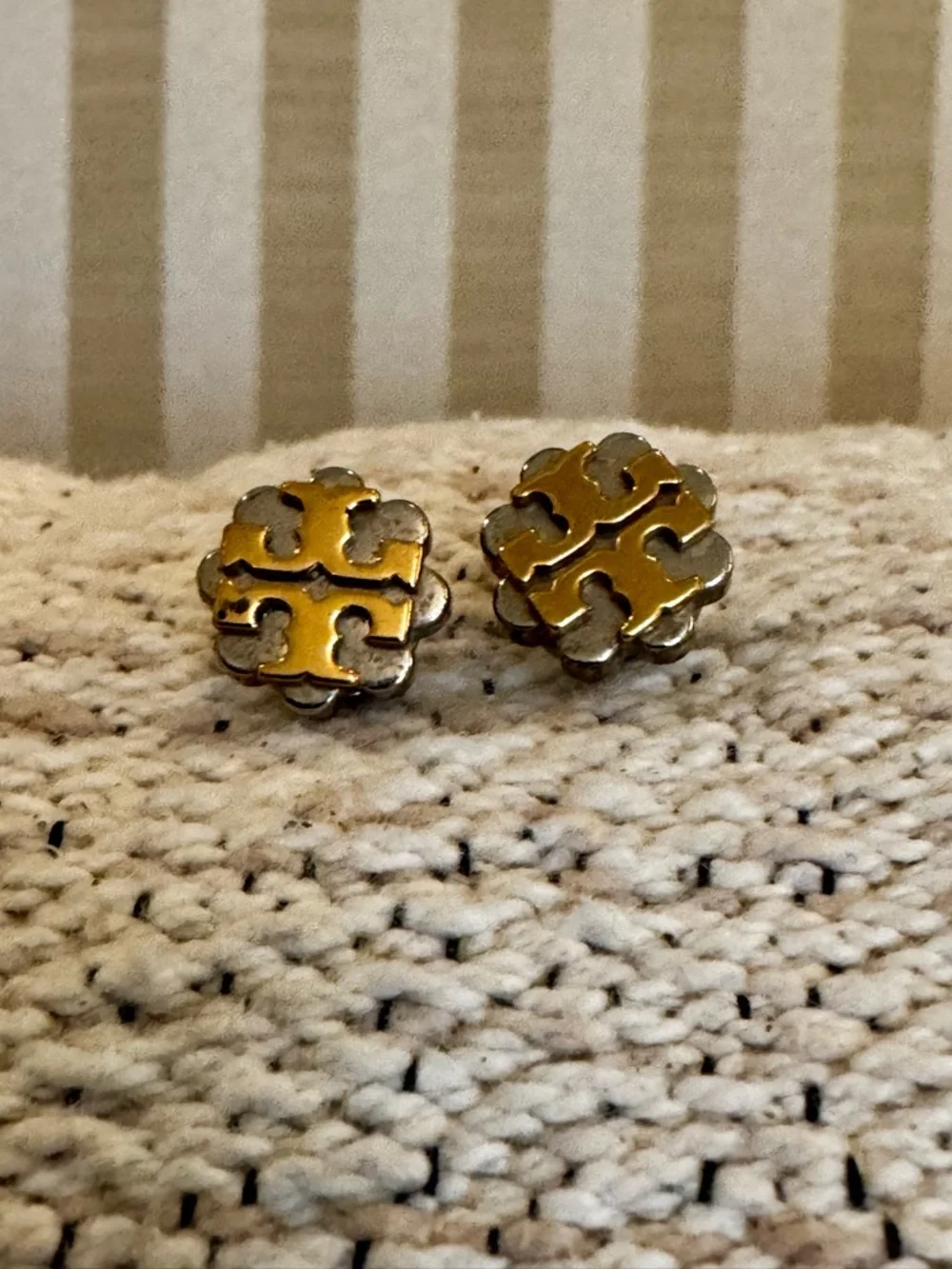 Tory Burch Gold Logo Studs with Gold Round Charm - Picture 3 of 3